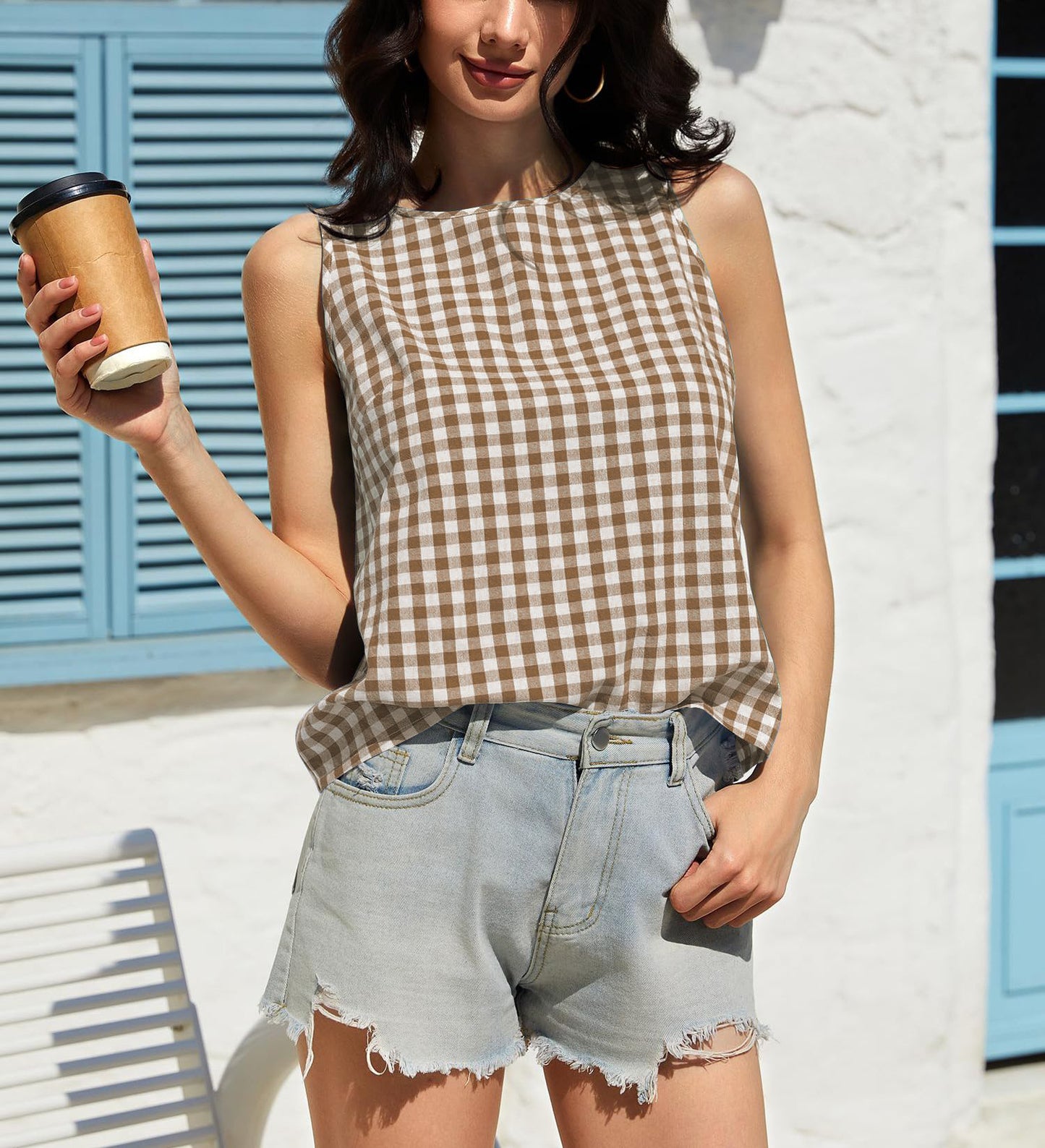 Gingham Cotton Tank Top Summer Casual Blouse