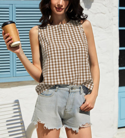 Gingham Cotton Tank Top Summer Casual Blouse