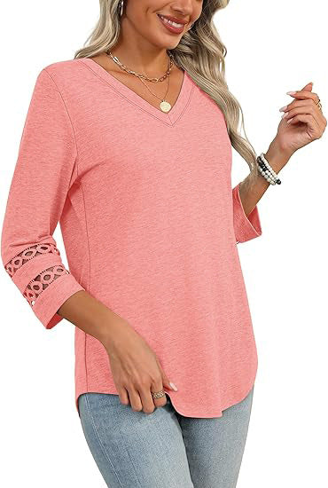 White V-Neck Lace Sleeve Casual Knit Top for Women