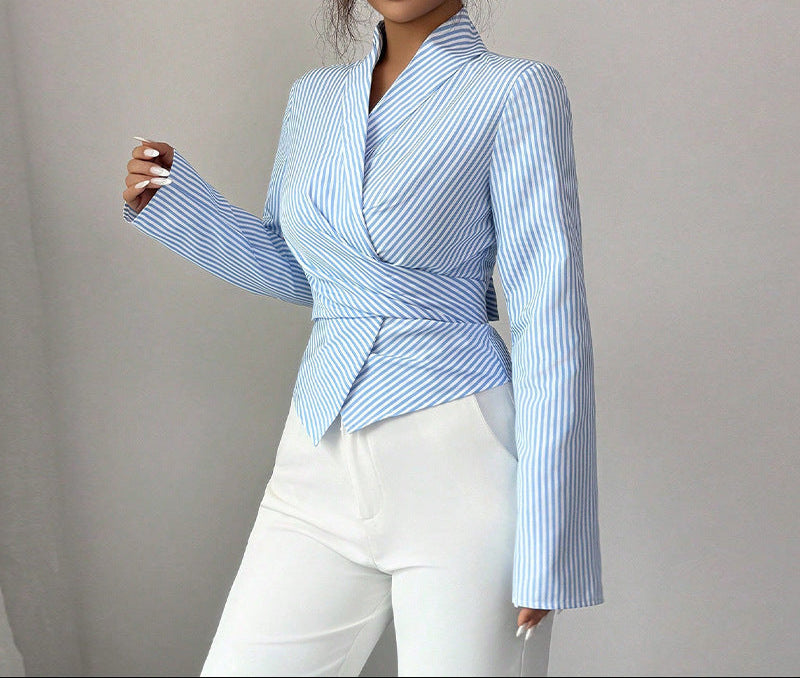 Womens Striped Wrap Blouse Long Sleeve Tie Front Top