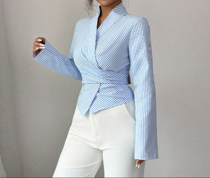 Womens Striped Wrap Blouse Long Sleeve Tie Front Top