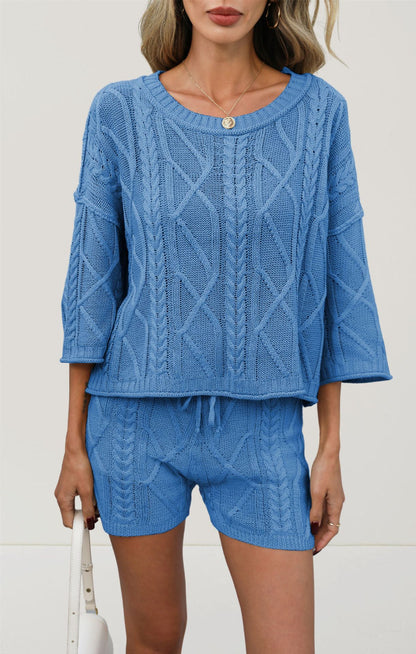 Cable Knit Shorts Set Summer Oversized Two Piece