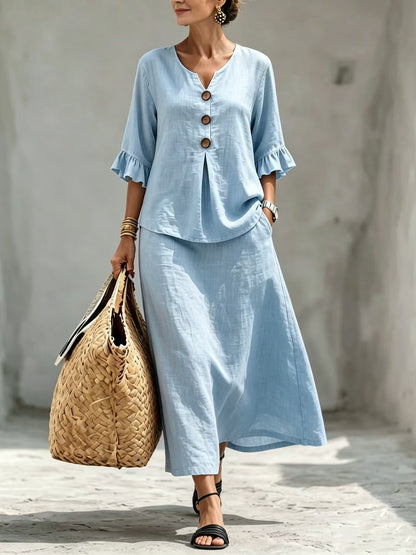 Boho Button Front Flounce Sleeve Top Midi Skirt Set