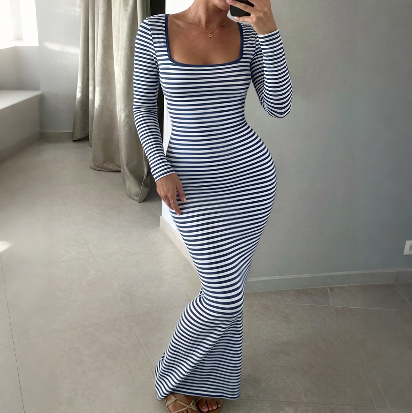 Square Neck Striped Long Sleeve Bodycon Maxi Dress