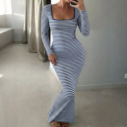 Square Neck Striped Long Sleeve Bodycon Maxi Dress