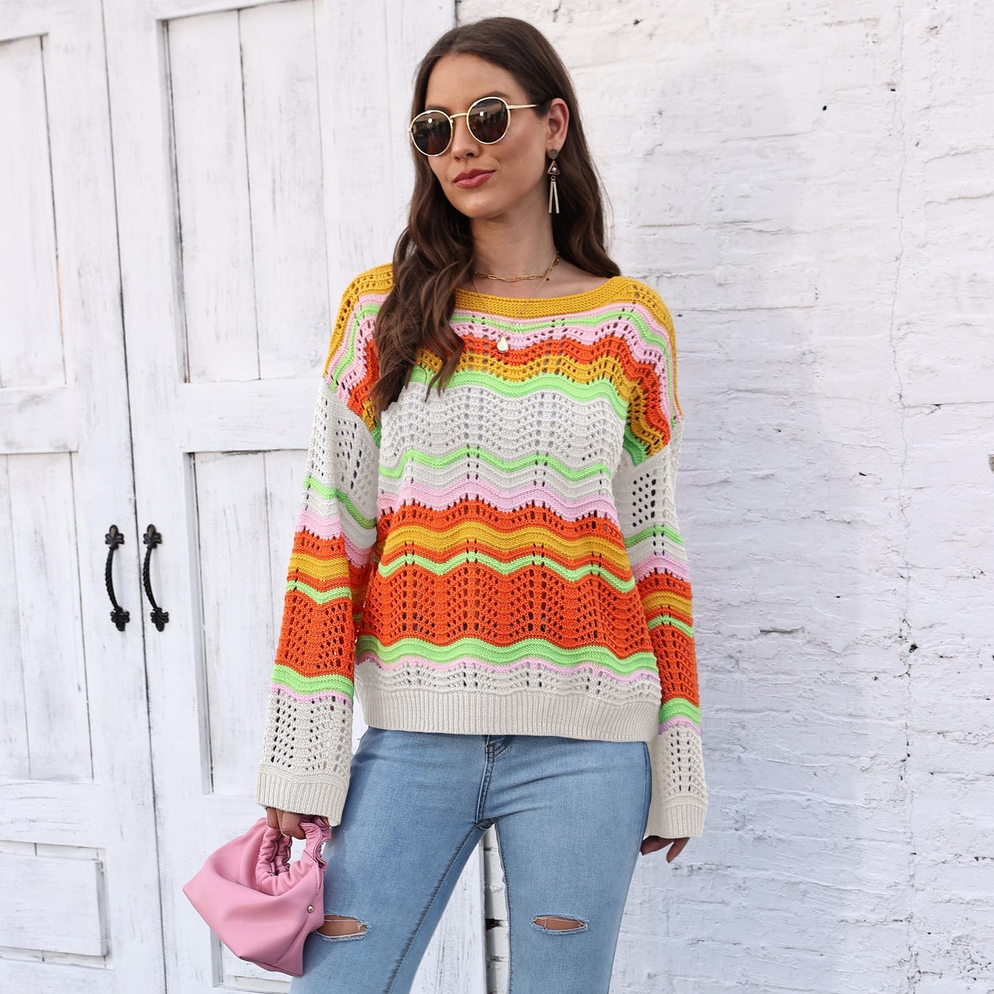 Women's Rainbow Pattern Intercolor Splicing Striped Long Sleeve Sweater