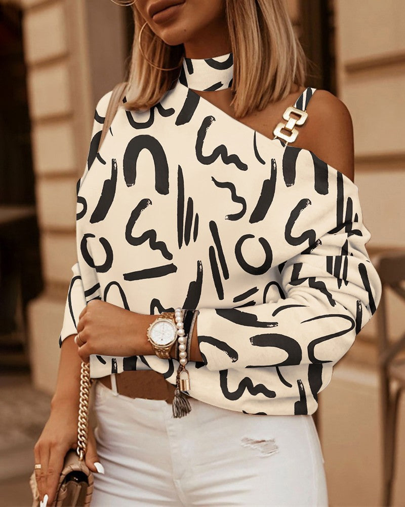 Women's Cold Shoulder Chain Halter Long Sleeve Blouse