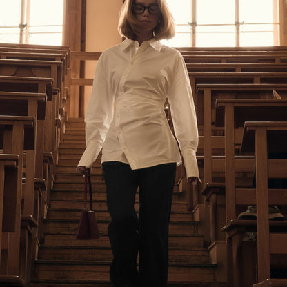 White Cotton Cinched Waist Asymmetric Button Down Shirt