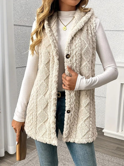 Women Sherpa Hooded Button Down Long Vest