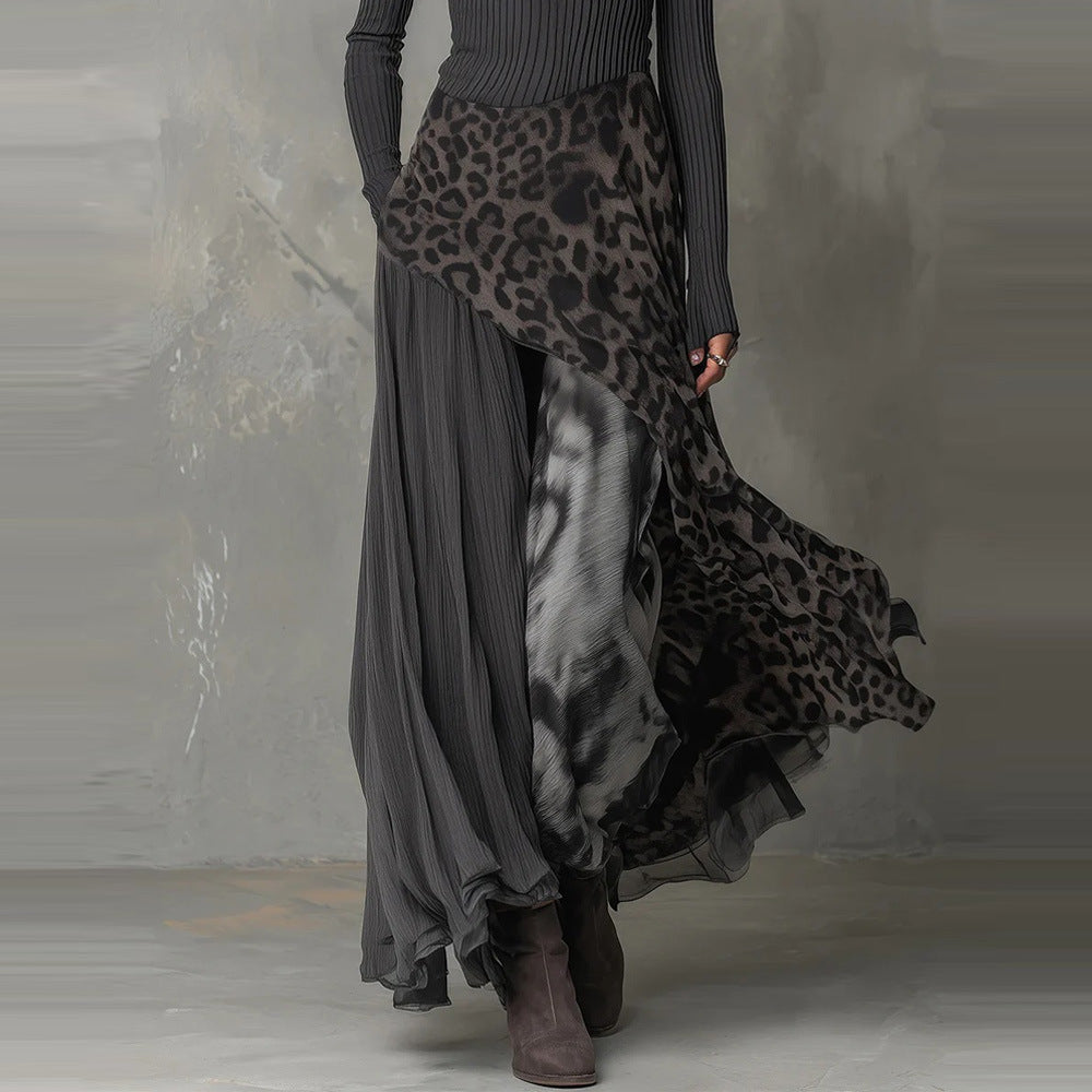 Leopard Print Maxi Dress Long Sleeve Asymmetrical Flowy
