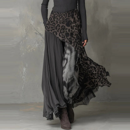 Leopard Print Maxi Dress Long Sleeve Asymmetrical Flowy