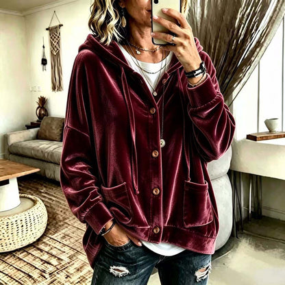 Women's Velvet Hooded Button Up Cardigan