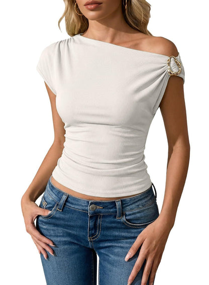 Ribbed One Shoulder Top Metal Buckle Slim Tee