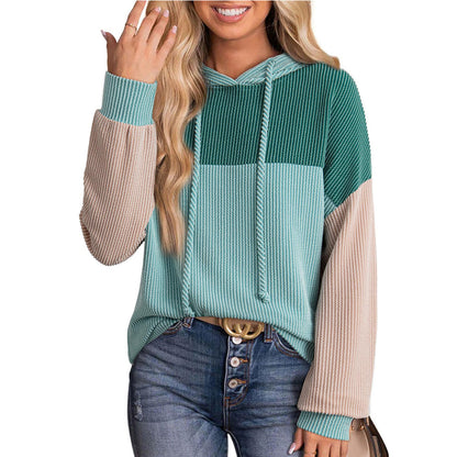 Color Block Ribbed Knit Hoodie Long Sleeve Sweatshirt
