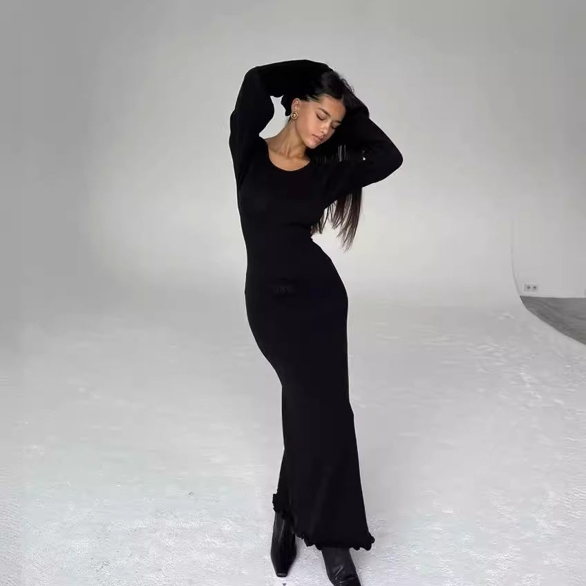 Backless Tie Back Knit Maxi Dress Long Ruffle Sleeve