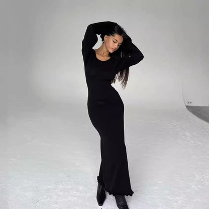 Backless Tie Back Knit Maxi Dress Long Ruffle Sleeve