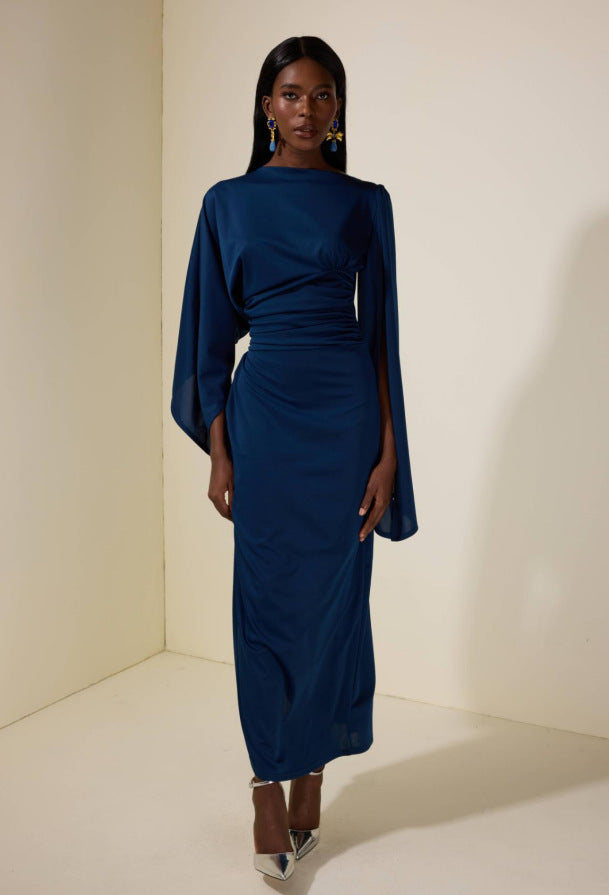 Women's Boat Neck Ruched Batwing Sleeve Maxi Dress
