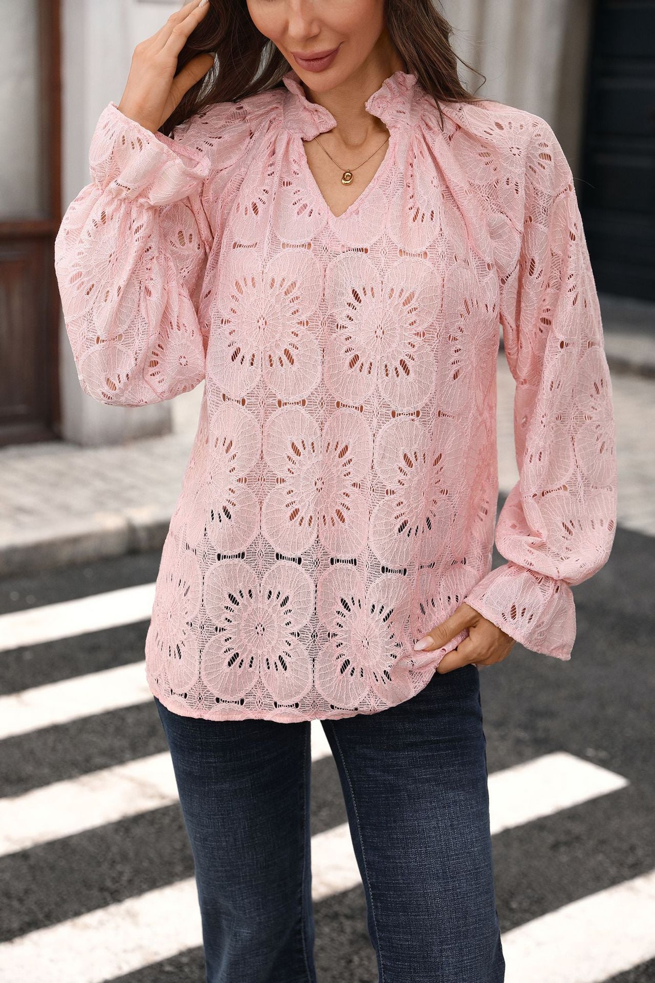 Eyelet Lace Blouse V Neck Puff Sleeve Top