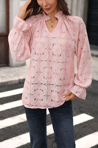 Eyelet Lace Blouse V Neck Puff Sleeve Top