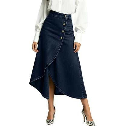 High Waist Button Front Asymmetric Denim Maxi Skirt