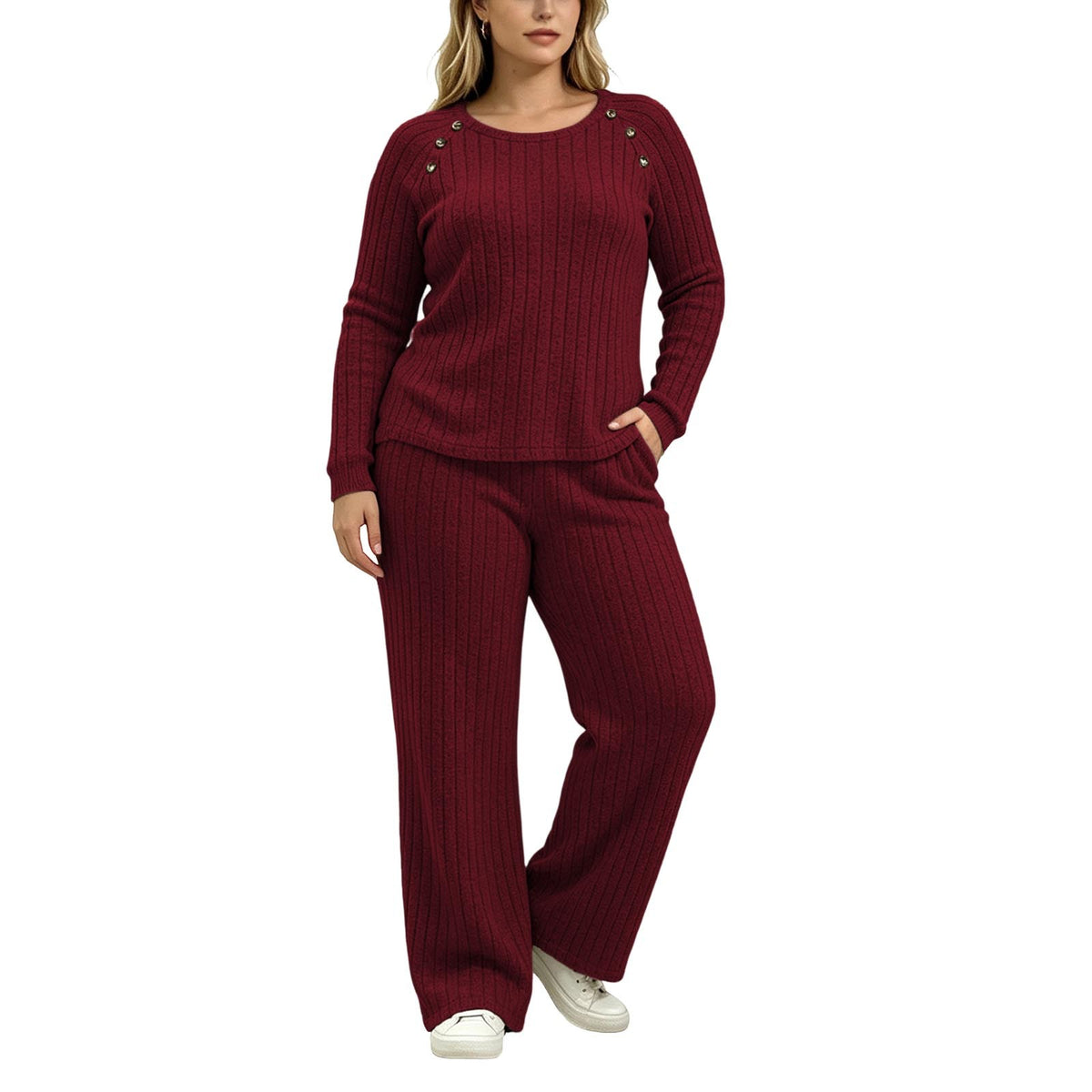 Womens Ribbed Knit 2 Piece Set Button Top Wide Leg Pants