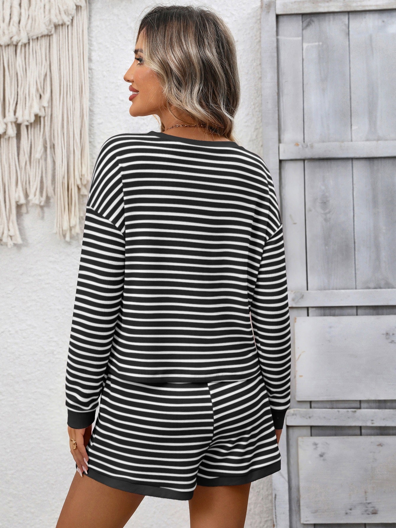 Striped waffle knit top and shorts two piece set