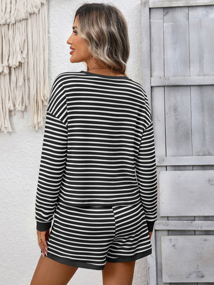 Striped waffle knit top and shorts two piece set