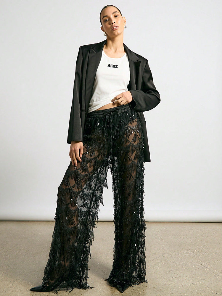 Women Sequin Fringe Mesh Wide Leg Pants