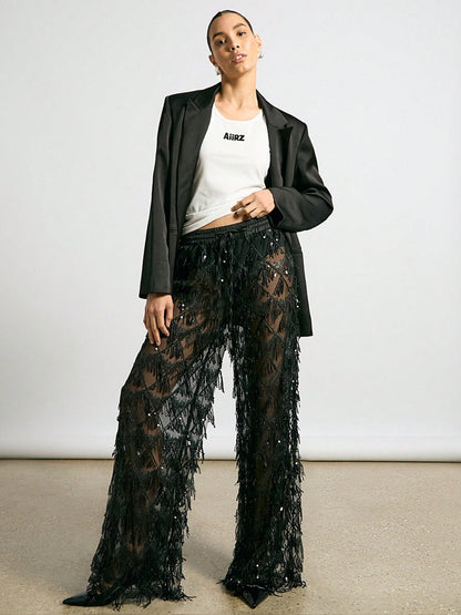 Women Sequin Fringe Mesh Wide Leg Pants