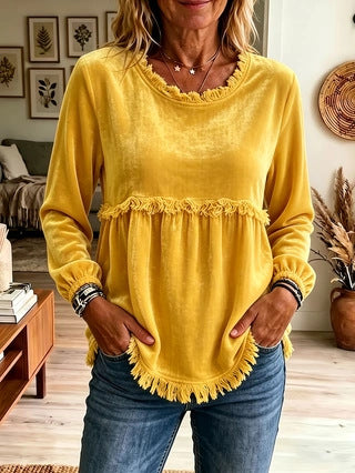 Women's Velvet Fringe Trim Long Sleeve Casual Top