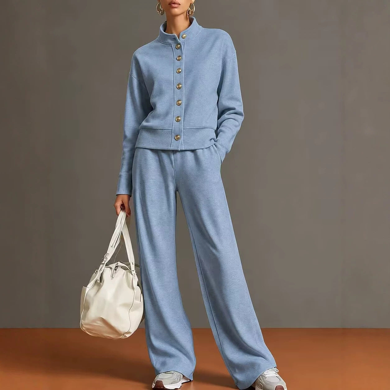 Women's Button Front Sweatshirt Wide Leg Pants Lounge Set