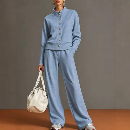 Women's Button Front Sweatshirt Wide Leg Pants Lounge Set