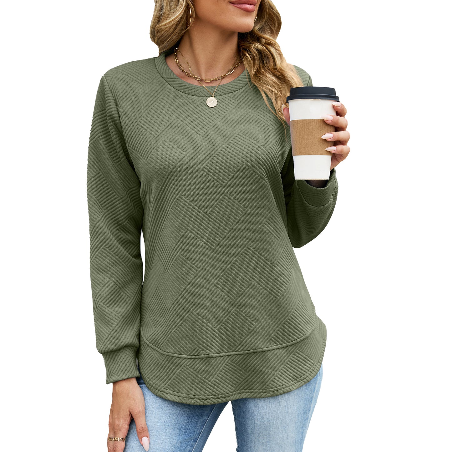 Quilted Textured Sweatshirt Crew Neck Loose Top