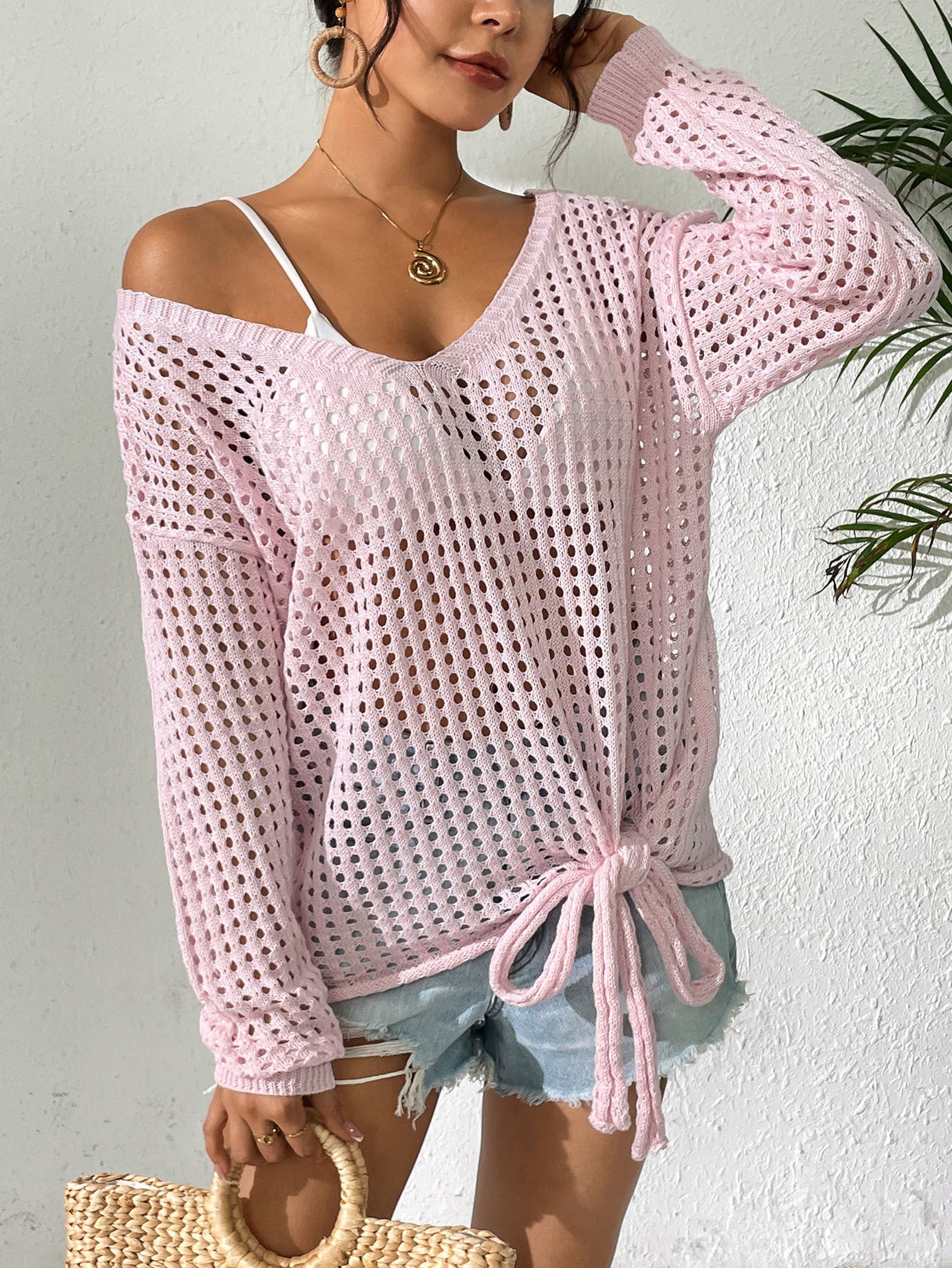 V Neck Crochet Cover Up Sweater Tie Side Beach Top