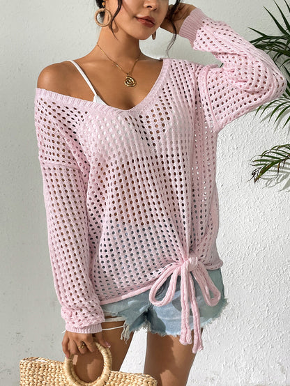 V Neck Crochet Cover Up Sweater Tie Side Beach Top