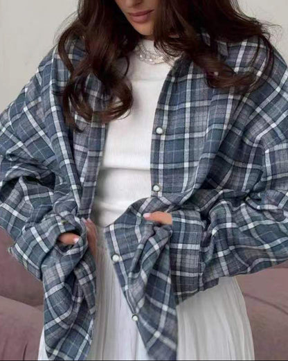 Women's Oversized Plaid Shacket Button Down Pocket