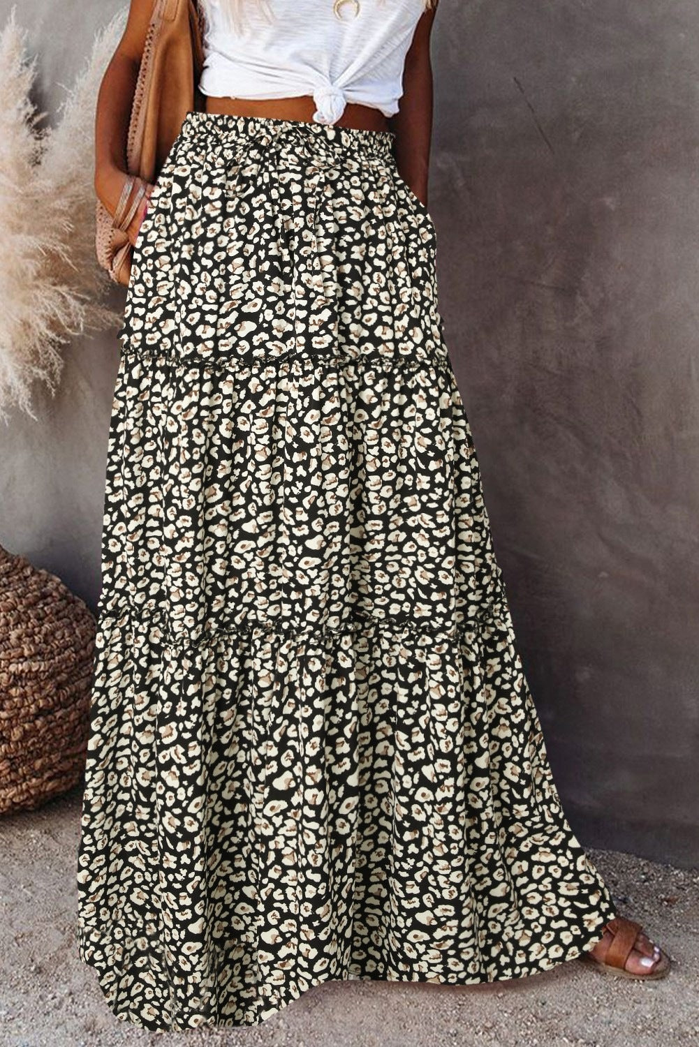 Boho Print Maxi Skirt High Waist Flowy Patchwork
