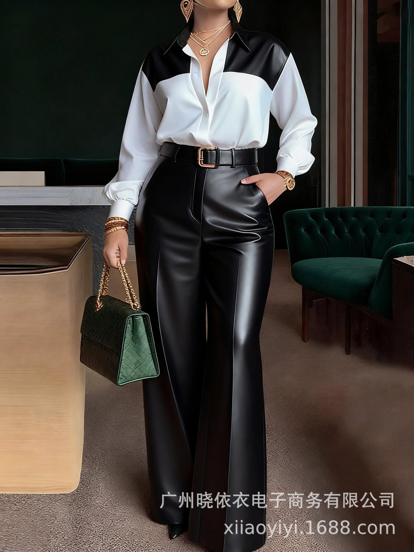 Color Block Shirt Faux Leather Wide Leg Pants Belted Set