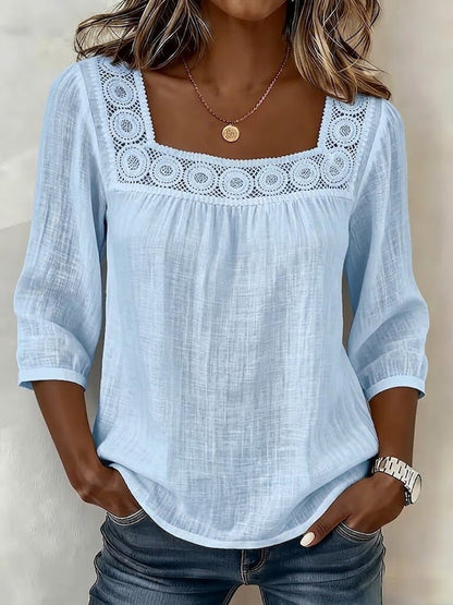 Women's Square Neck Crochet Lace 3/4 Sleeve Blouse
