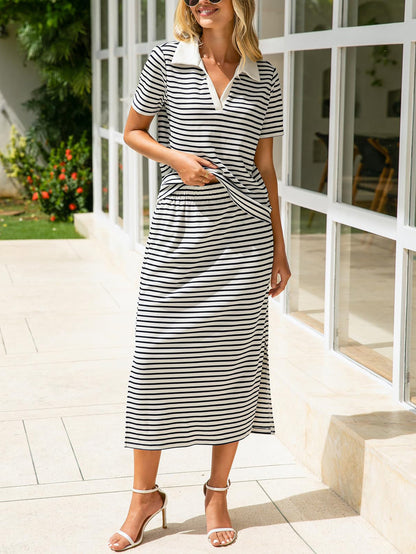 Striped Collared Top Slit Skirt Set Casual 2 Piece