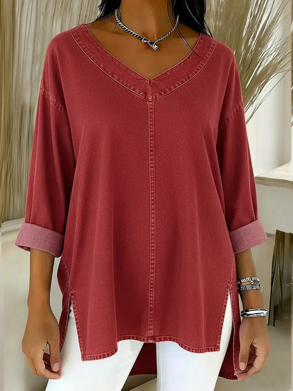 Oversized Denim V-Neck Top Casual Utility Long Sleeve Shirt