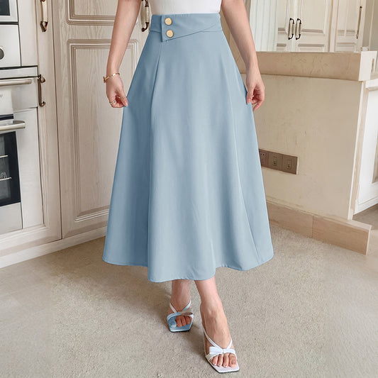 High Waist A-Line Midi Skirt Button Detail Flowy Skirt