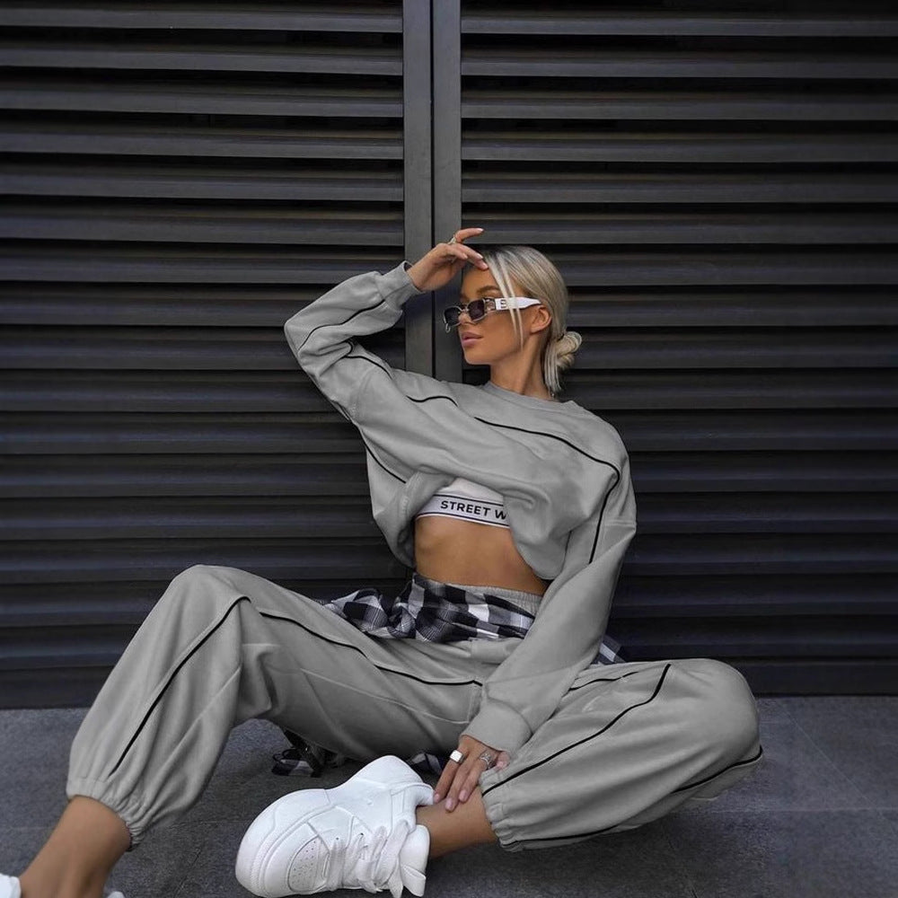 Women's Contrast Piping Sweatshirt Sweatpants Set