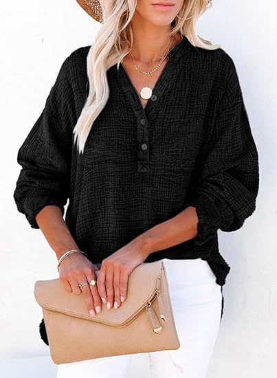 Cotton Gauze Henley Long Sleeve Relaxed Fit Top