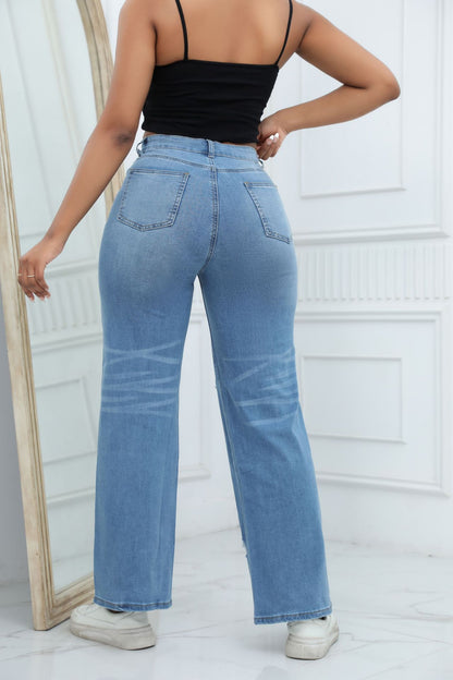 Ripped Denim Wide Leg Pants High Waist Casual Jeans