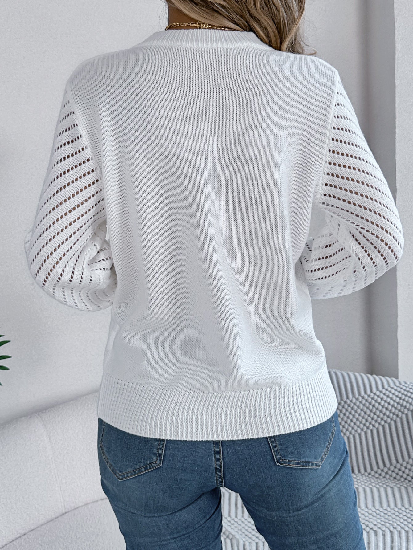 Hollow Knit Sweater Women | Round Neck Lantern Sleeve