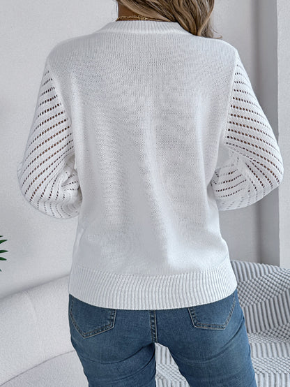 Hollow Knit Sweater Women | Round Neck Lantern Sleeve