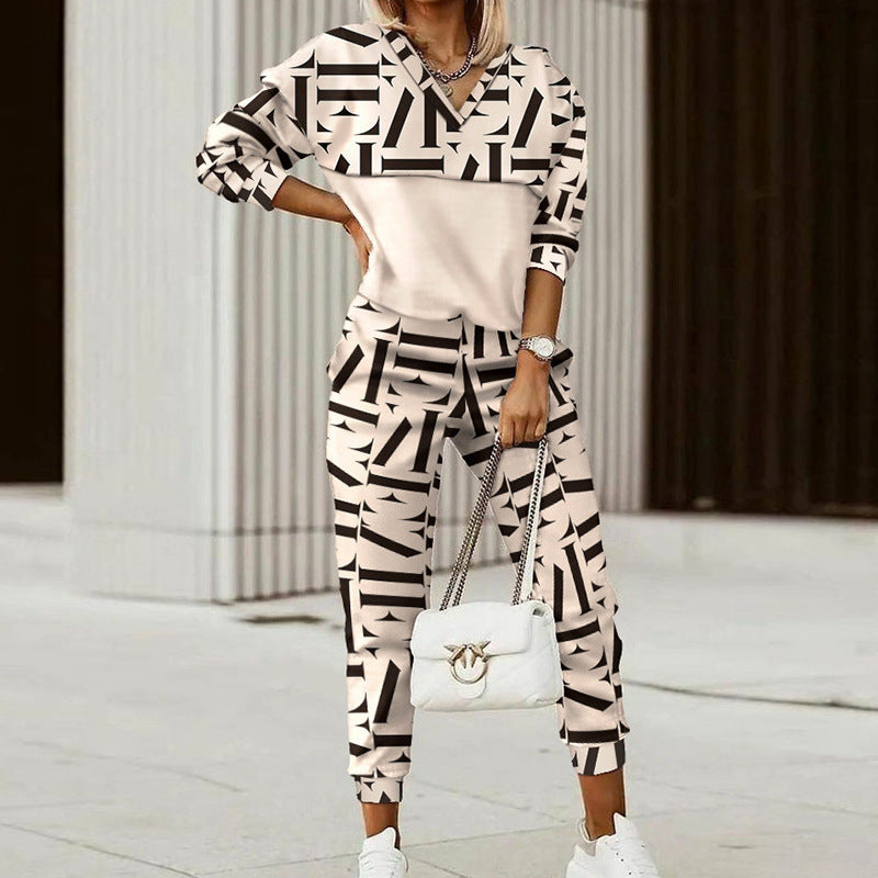 Women's Geometric Print Lounge Set Long Sleeve Top Pants