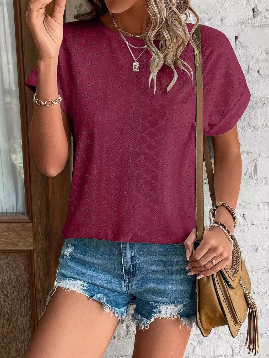 Solid Eyelet Short Sleeve Tee Loose Fit Casual Top