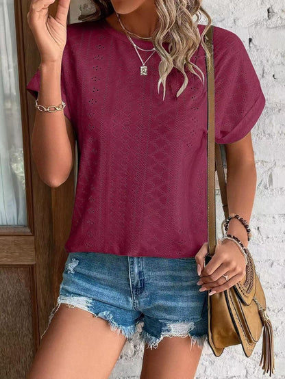 Solid Eyelet Short Sleeve Tee Loose Fit Casual Top